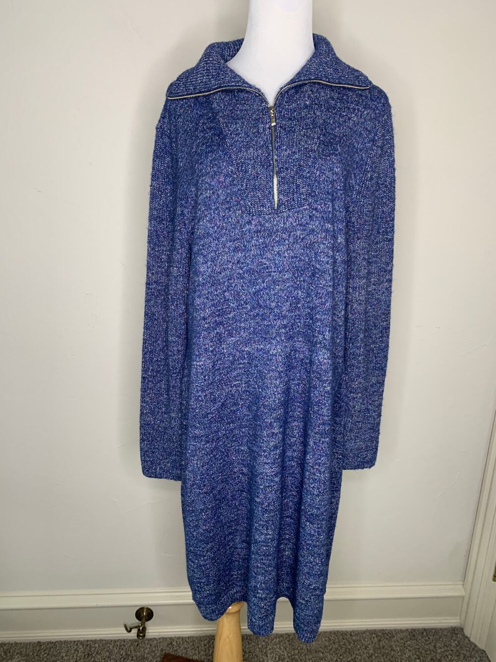 Talbots 1/4 Zip Sweater Dress Preppy Cabincore Sz XL Blue Marled